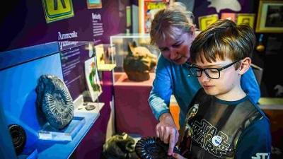 Adult and child looking at historic artefacts