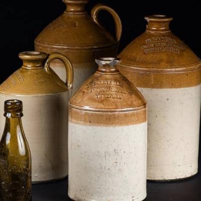 Brown and beige ceramic bottles