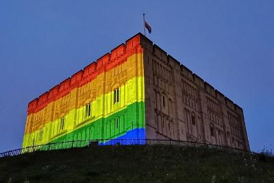 Norwich Castle lit with rainbow colours